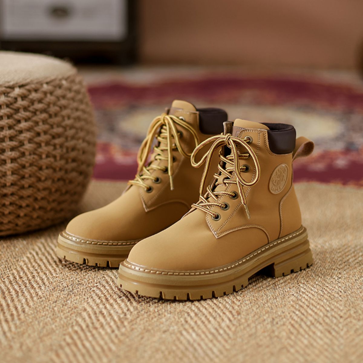 Genuine leather Martin boots, retro British style thick soled yellow boots