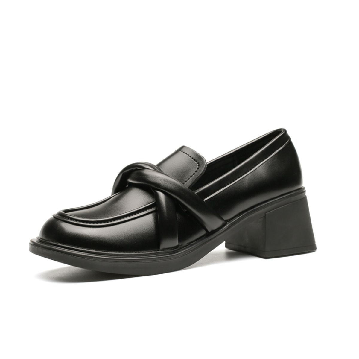 Elegant Genuine Leather Small Heeled Shoes with Mid-High Chunky Heels - Small Leather Shoes with Sophisticated Charm-black