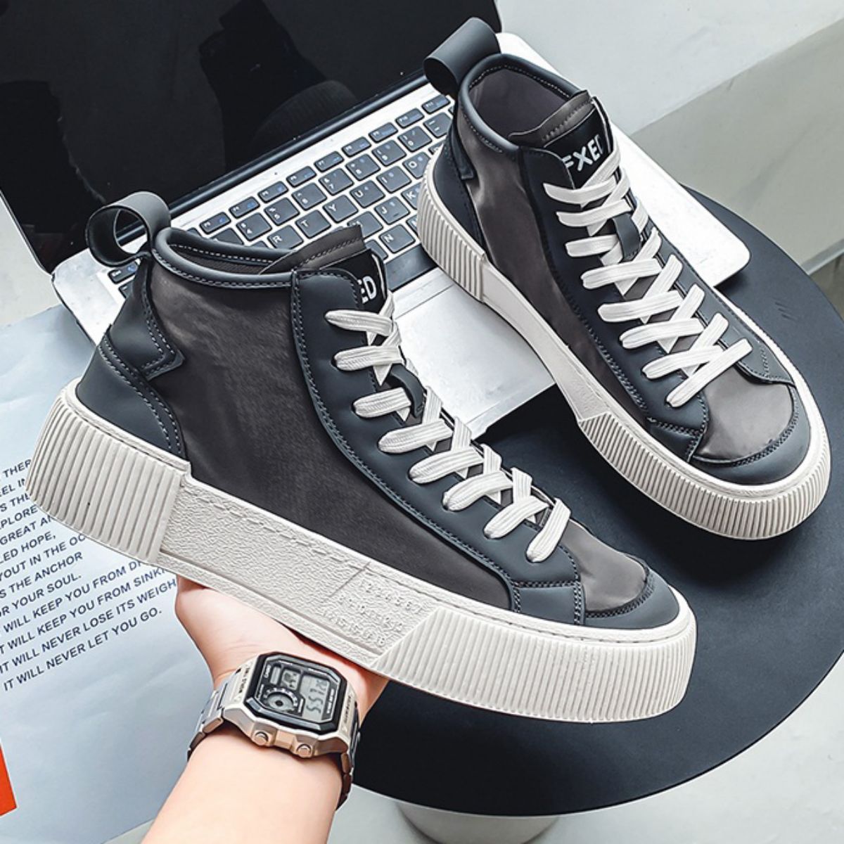 High-Top Breathable Canvas Sneakers - Versatile and Casual with Thick Soles-Grey