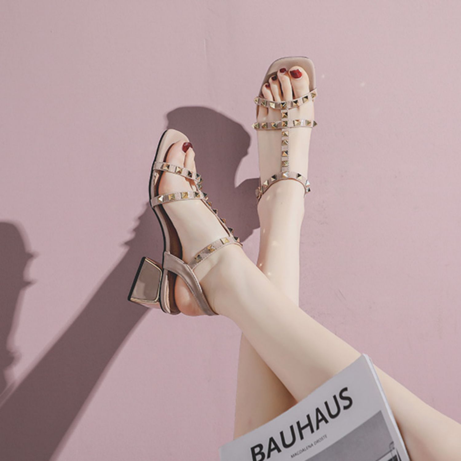 Studded Chunky Heel Roman Sandals with Ankle Strap