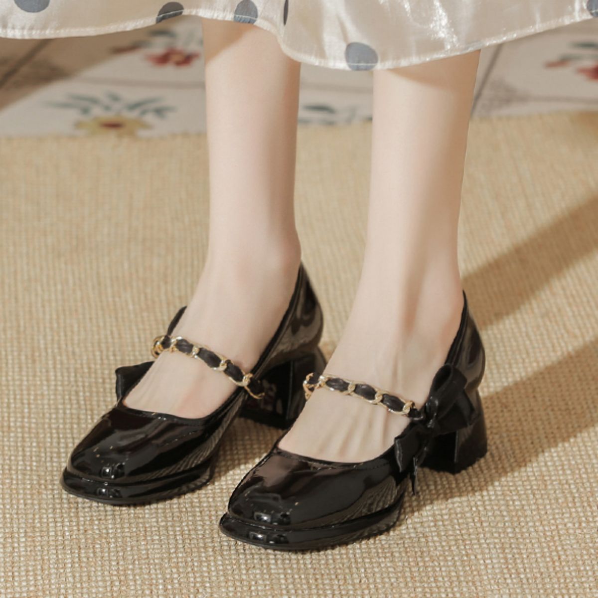 Genuine Leather Retro Women's Shoes with Chunky Heels and Pointed Shallow Mouth