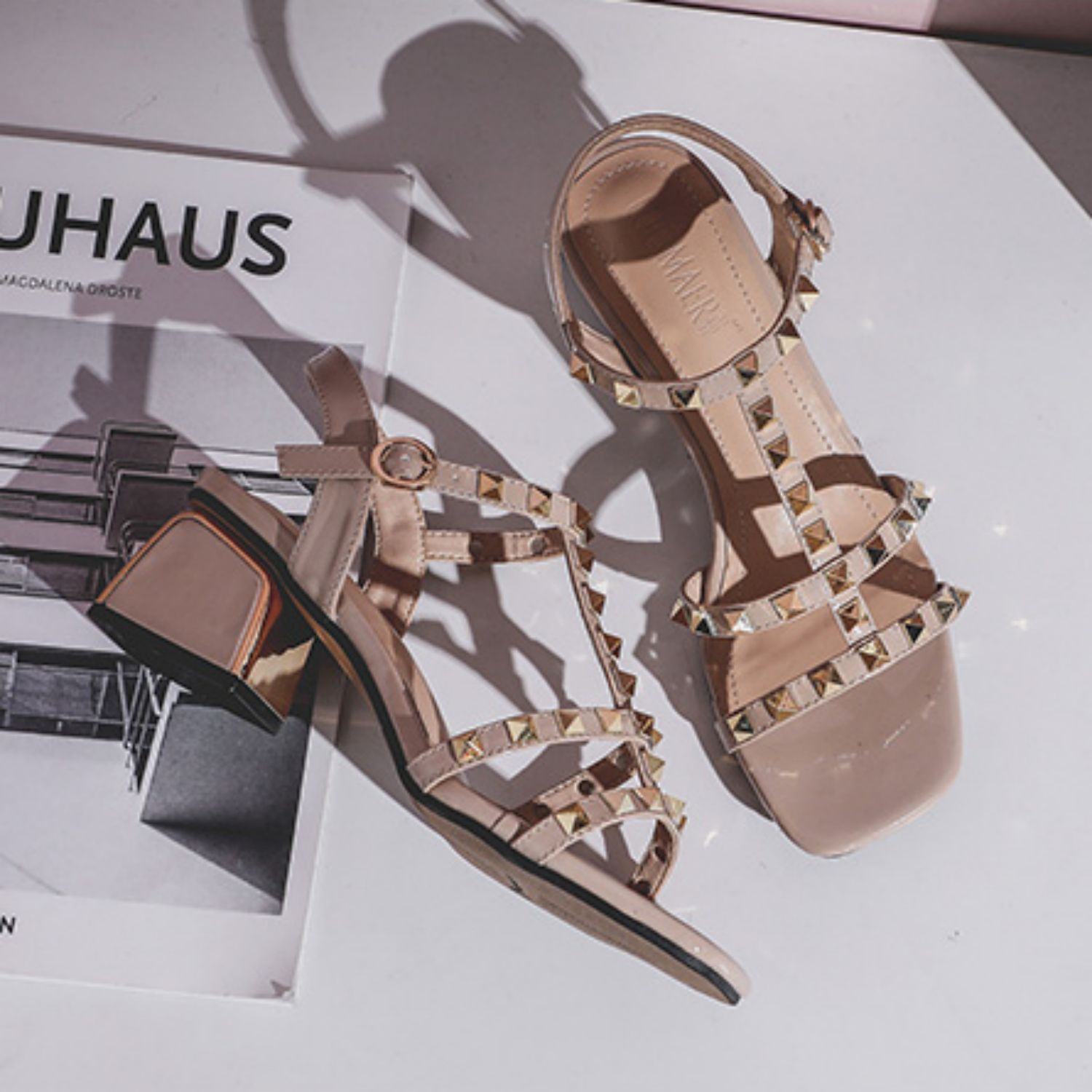 Studded Chunky Heel Roman Sandals with Ankle Strap-pink