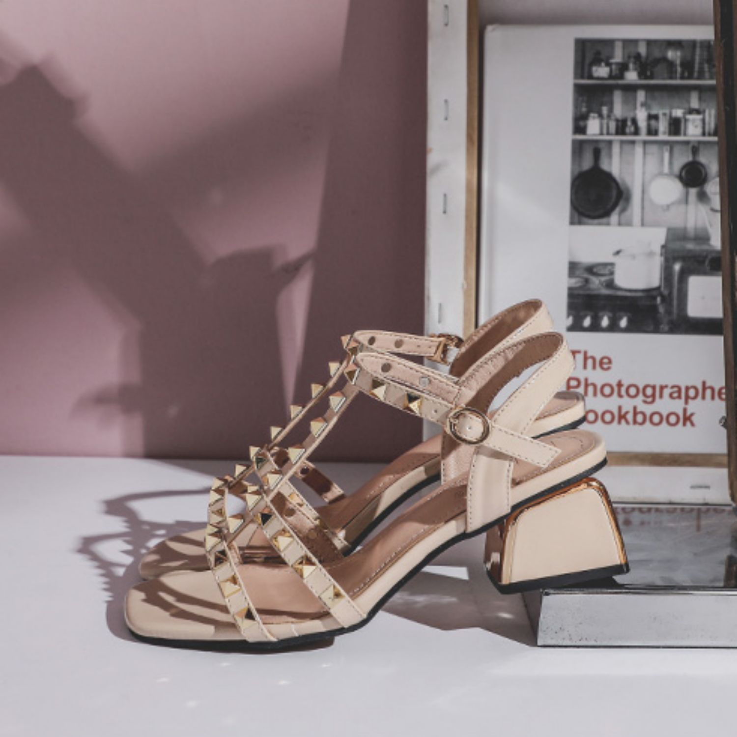 Studded Chunky Heel Roman Sandals with Ankle Strap