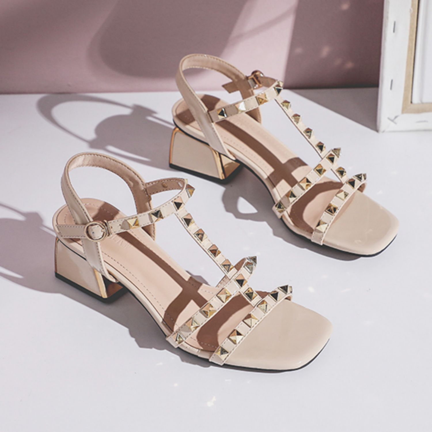 Studded Chunky Heel Roman Sandals with Ankle Strap