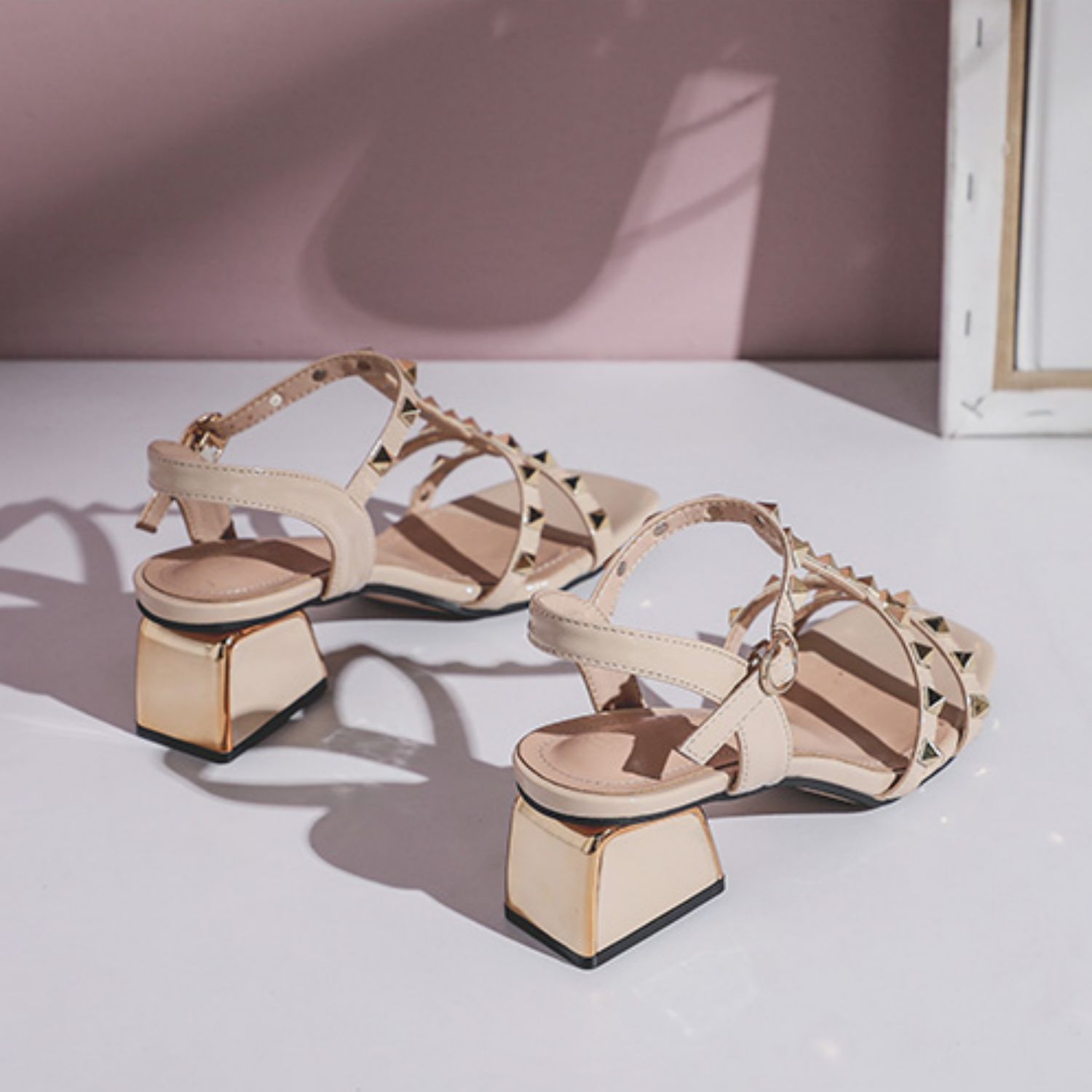Studded Chunky Heel Roman Sandals with Ankle Strap