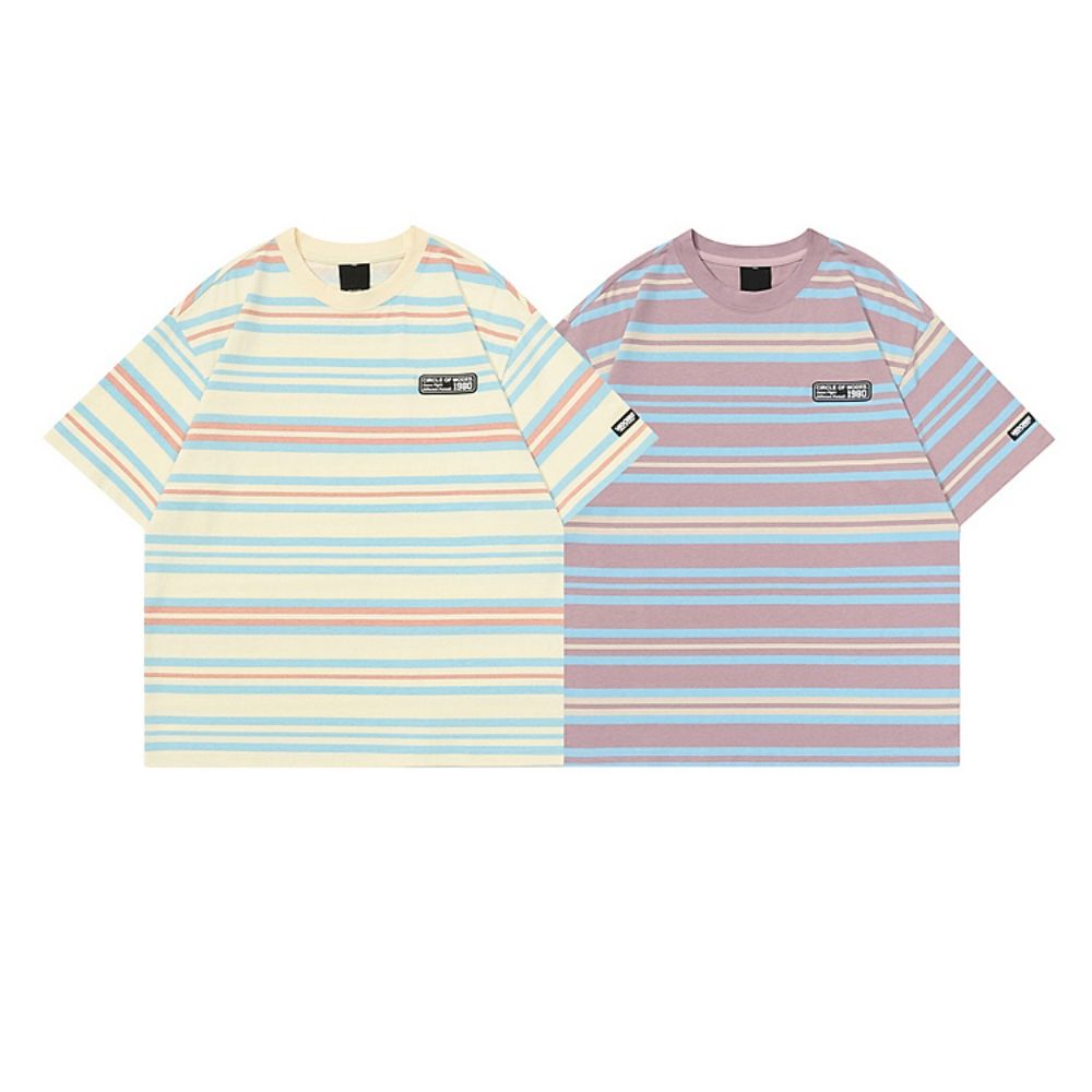 Hip-Hop Street Retro Heavyweight Cotton Striped Short Sleeve T-Shirt   