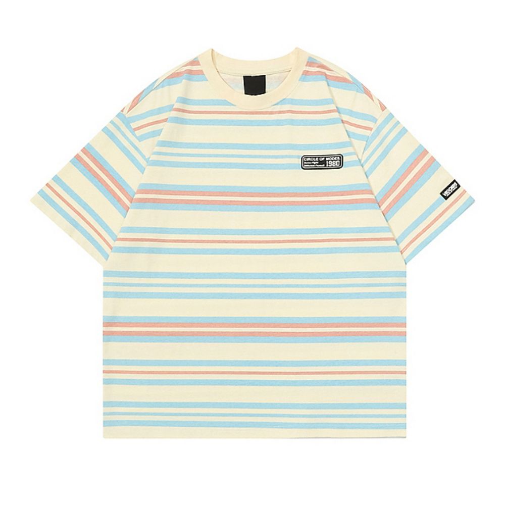 Hip-Hop Street Retro Heavyweight Cotton Striped Short Sleeve T-Shirt   