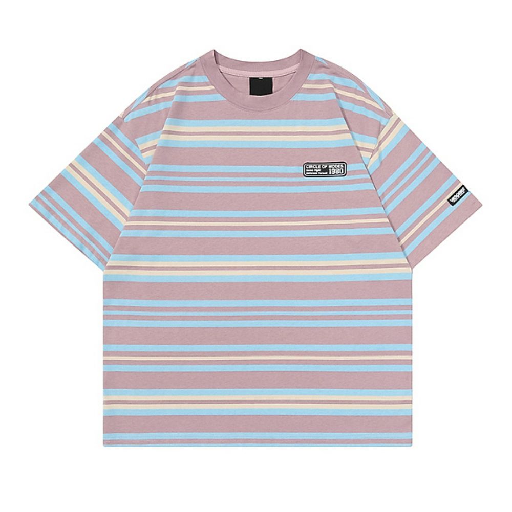 Hip-Hop Street Retro Heavyweight Cotton Striped Short Sleeve T-Shirt   