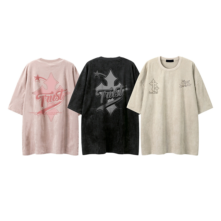 240G Heavyweight Cross Print Suede Short Sleeve T-Shirt