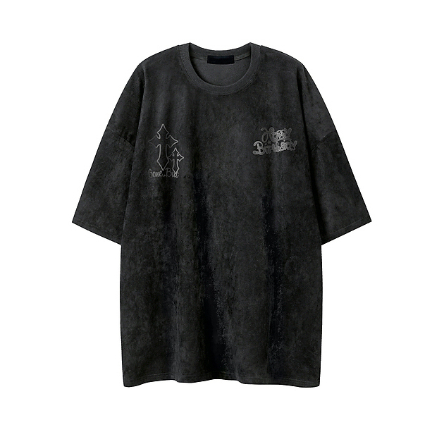 240G Heavyweight Cross Print Suede Short Sleeve T-Shirt