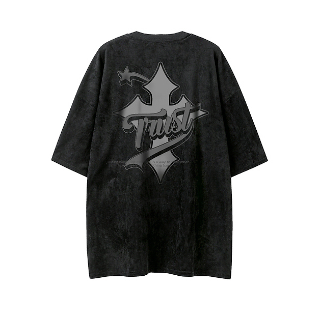240G Heavyweight Cross Print Suede Short Sleeve T-Shirt