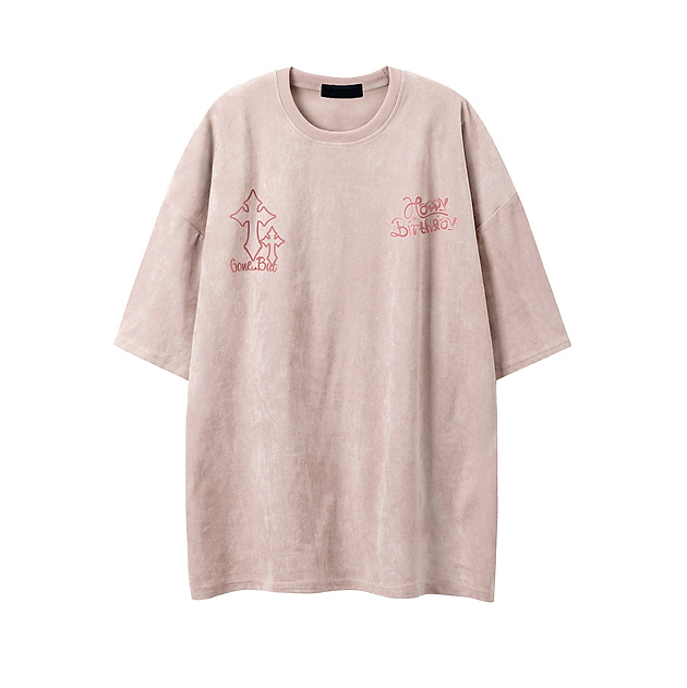 240G Heavyweight Cross Print Suede Short Sleeve T-Shirt