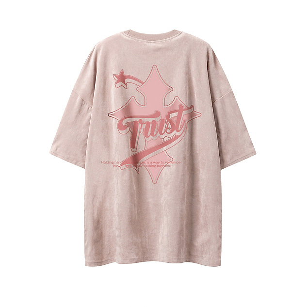 240G Heavyweight Cross Print Suede Short Sleeve T-Shirt