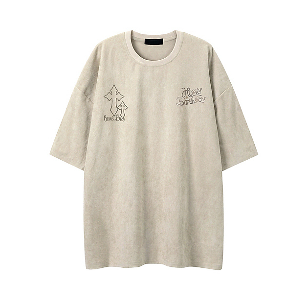 240G Heavyweight Cross Print Suede Short Sleeve T-Shirt