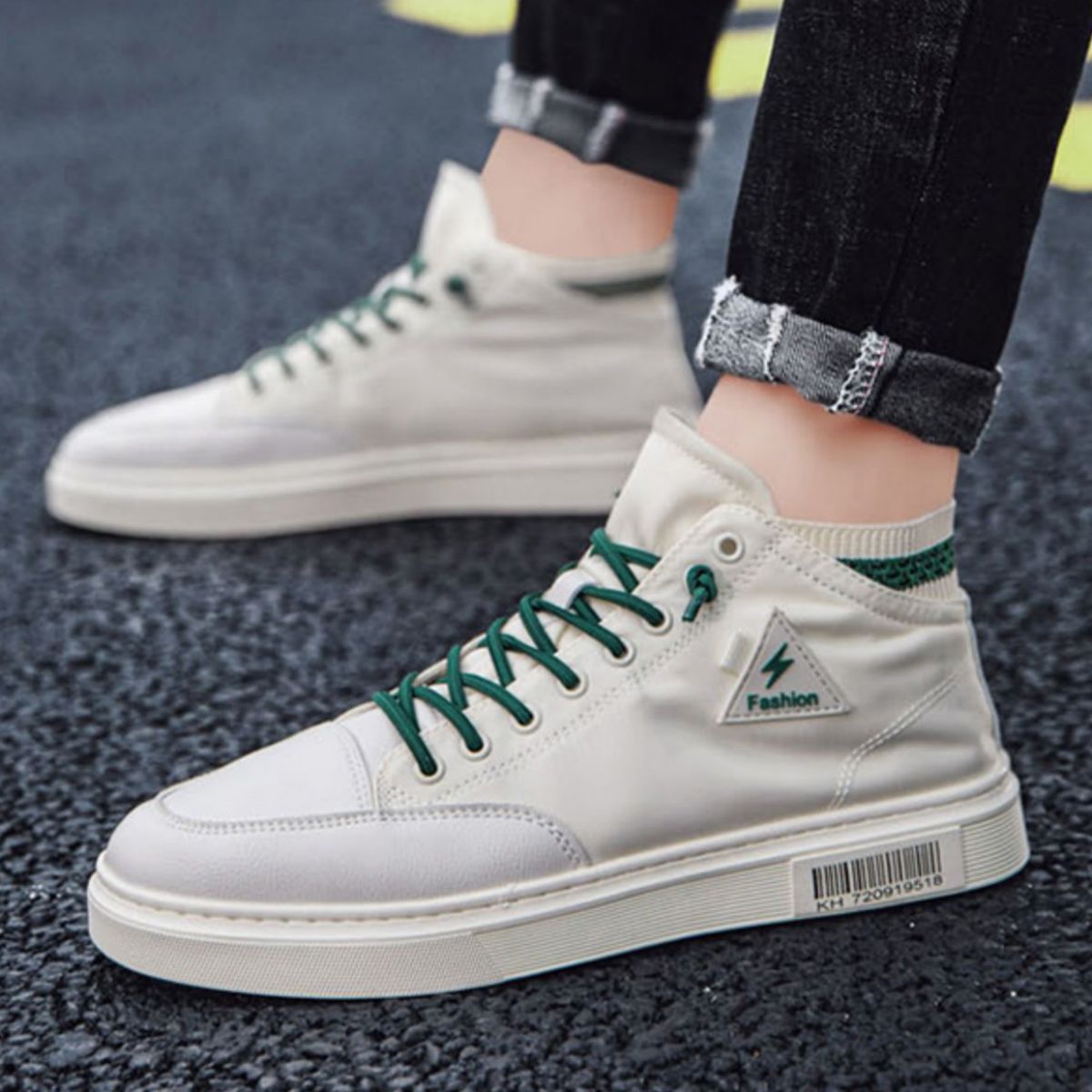 High-top Canvas Sneakers - Casual White Shoes-green