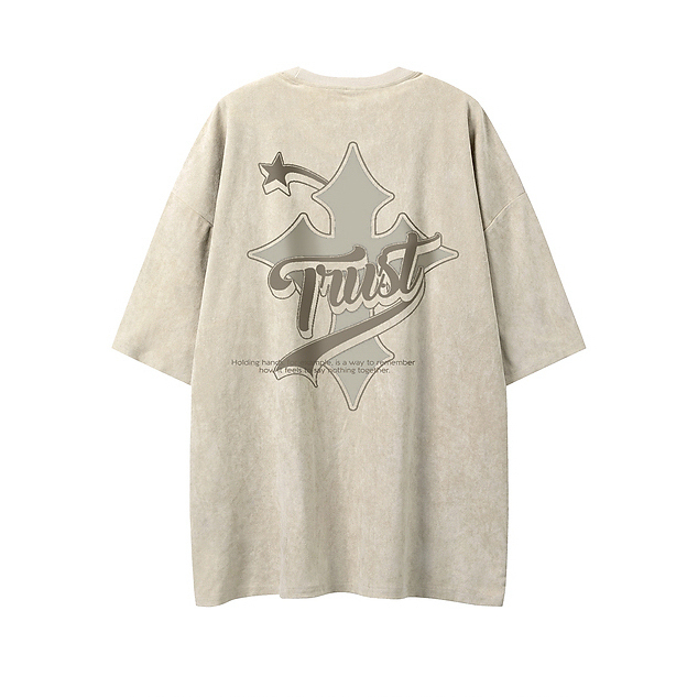 240G Heavyweight Cross Print Suede Short Sleeve T-Shirt