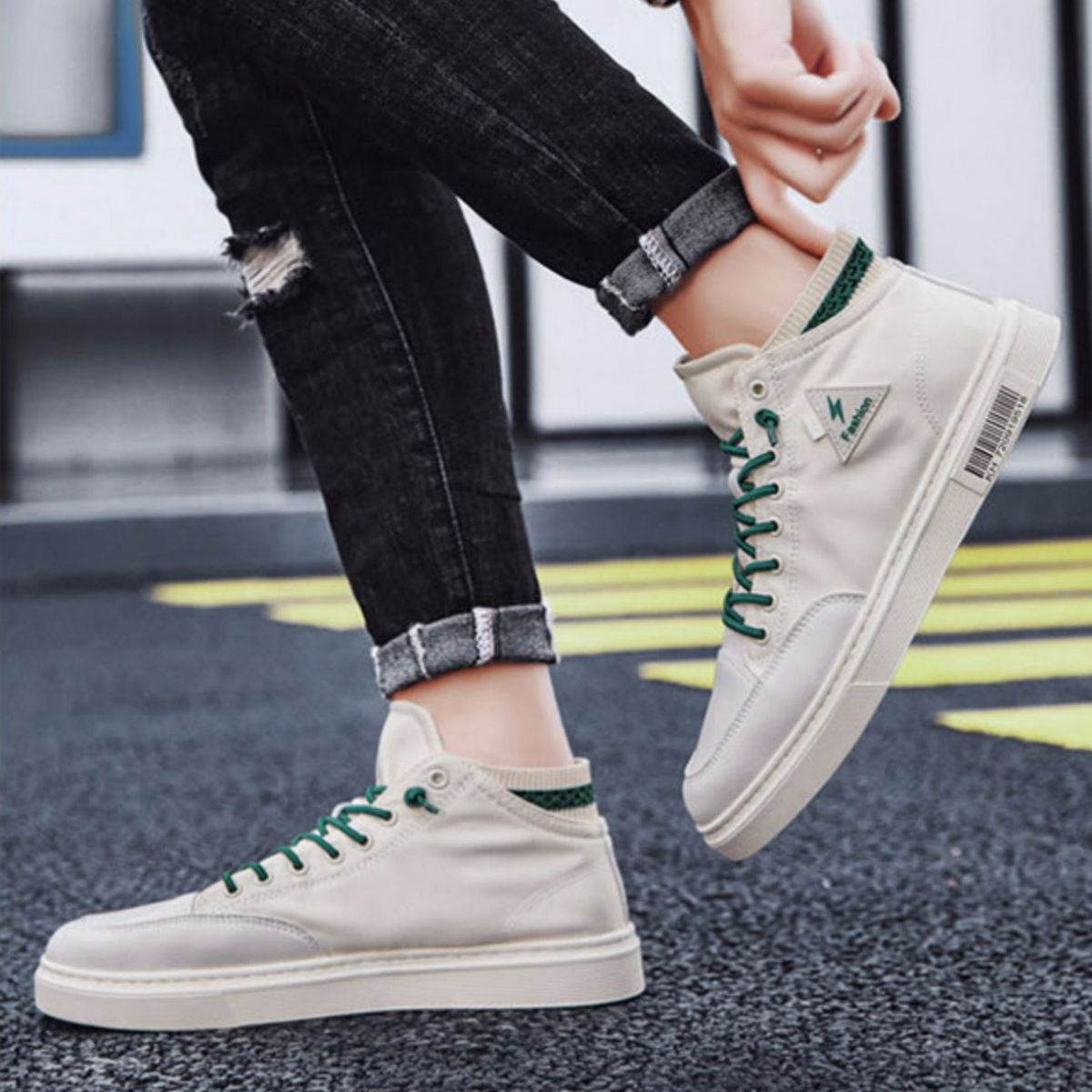 High-top Canvas Sneakers - Casual White Shoes-green