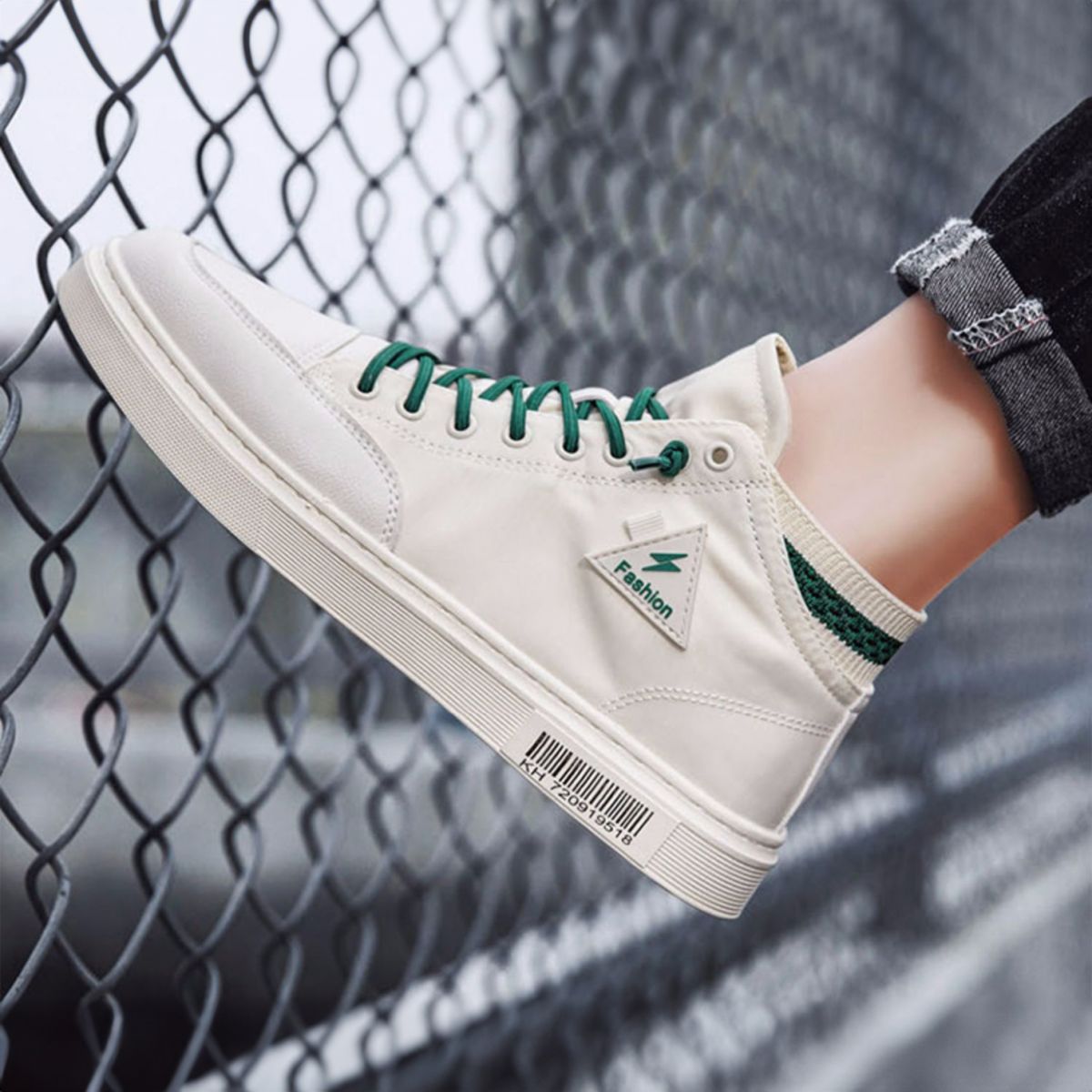 High-top Canvas Sneakers - Casual White Shoes-green