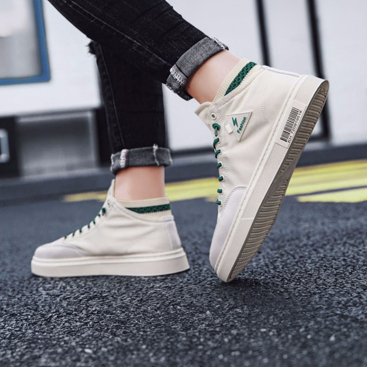 High-top Canvas Sneakers - Casual White Shoes-green