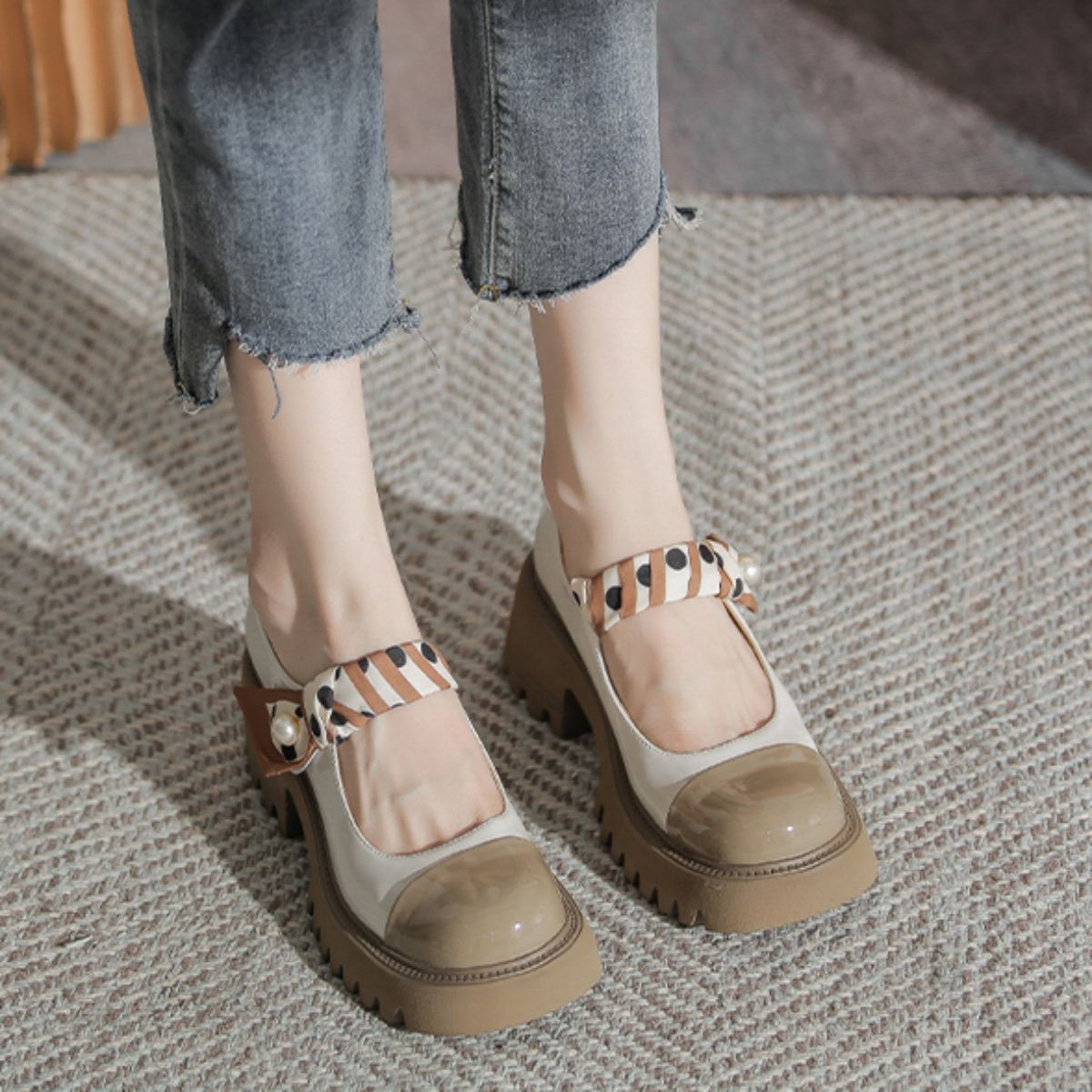 Height Increasing Thick Sole Mary Jane Shoes - Chunky High Heel Small Leather Shoes