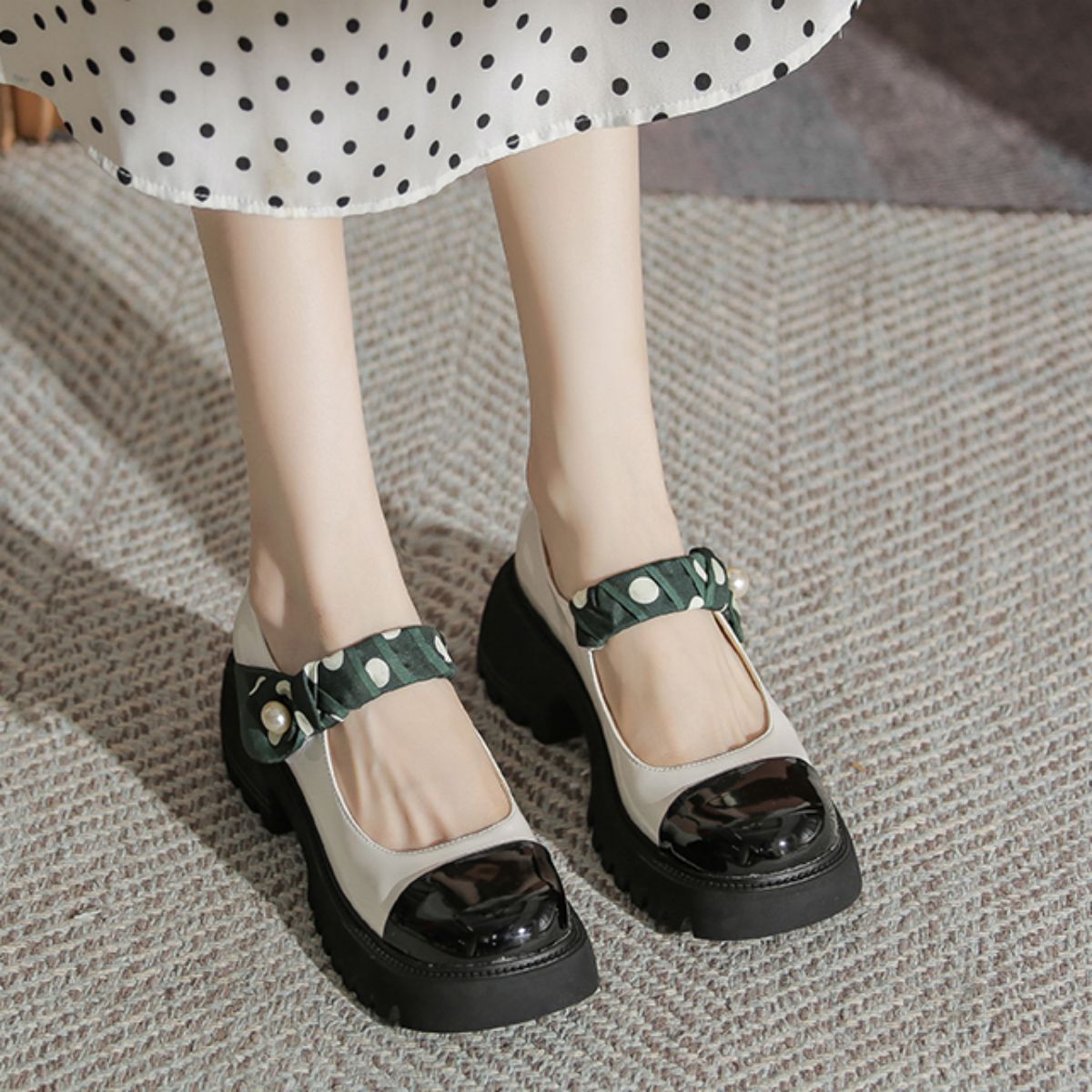 Height Increasing Thick Sole Mary Jane Shoes - Chunky High Heel Small Leather Shoes-black