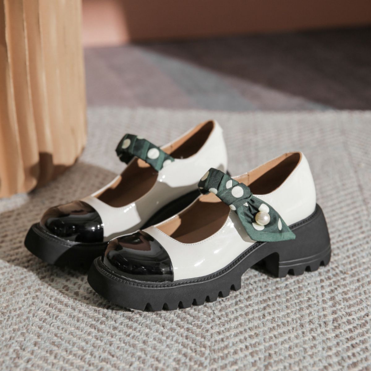 Height Increasing Thick Sole Mary Jane Shoes - Chunky High Heel Small Leather Shoes-black