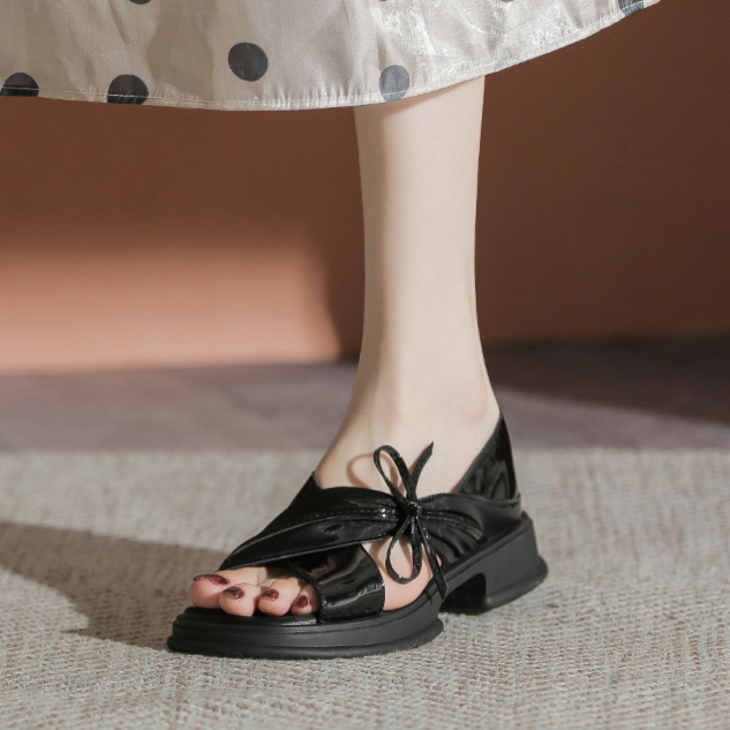 Genuine Leather Sandals with Chunky Platform Wedge Sole for Women-black