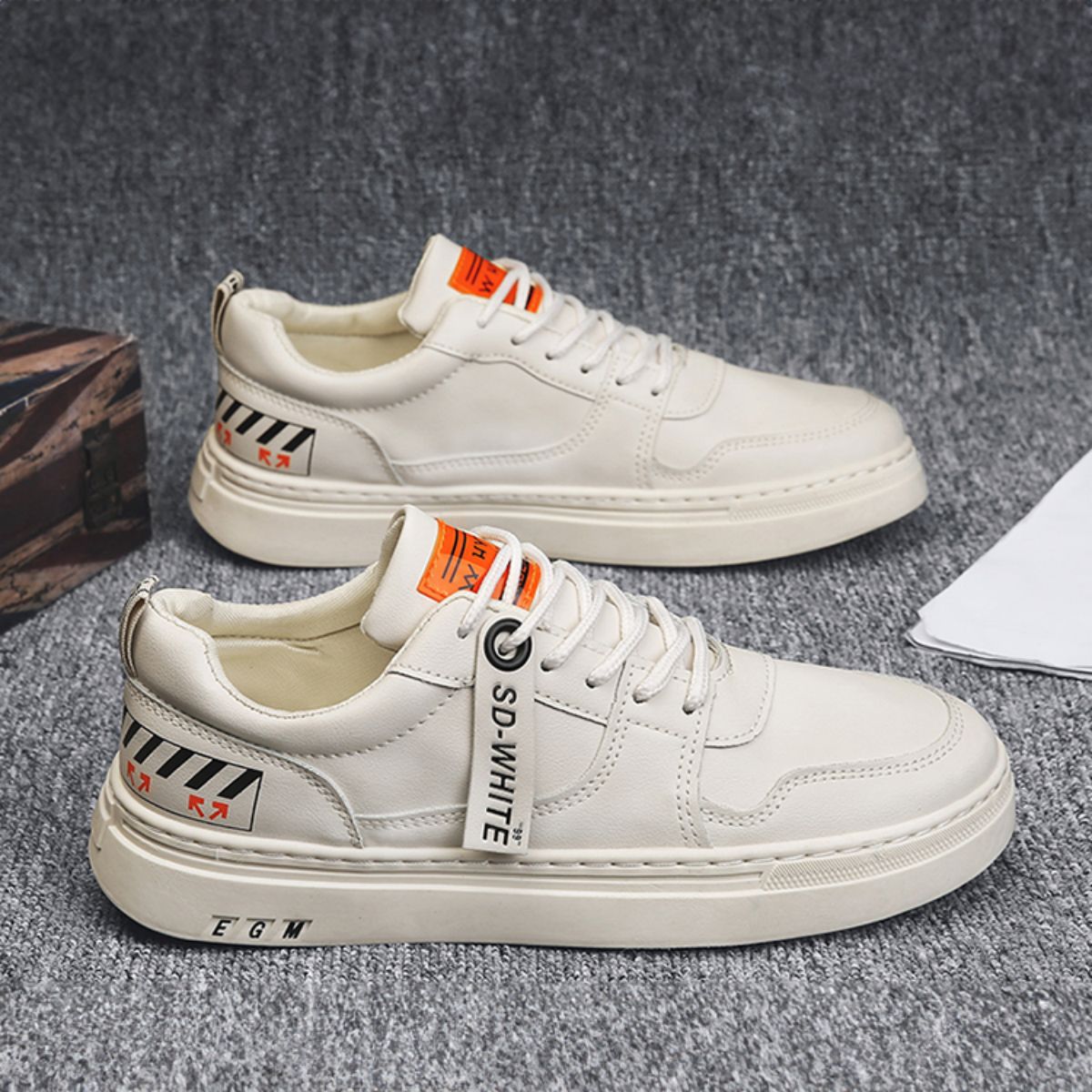 Versatile and Trendy Flat Sneakers - Casual White Shoes-Beige