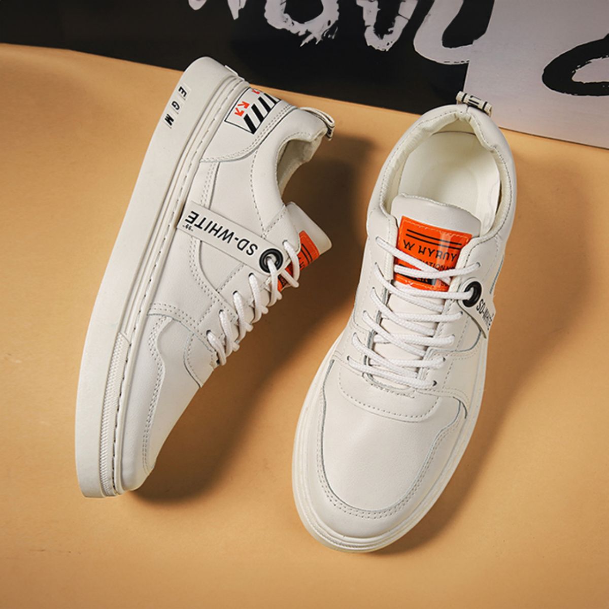 Versatile and Trendy Flat Sneakers - Casual White Shoes-Beige