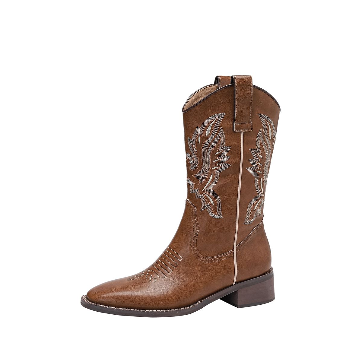 Genuine leather denim boots, retro mid length embroidered riding boots