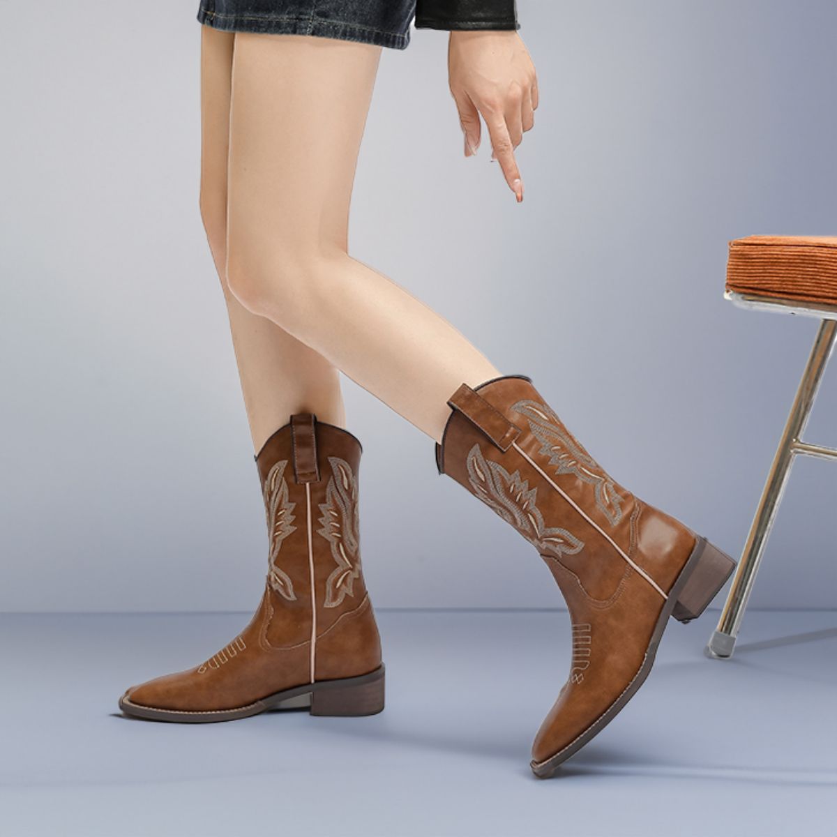 Genuine leather denim boots, retro mid length embroidered riding boots