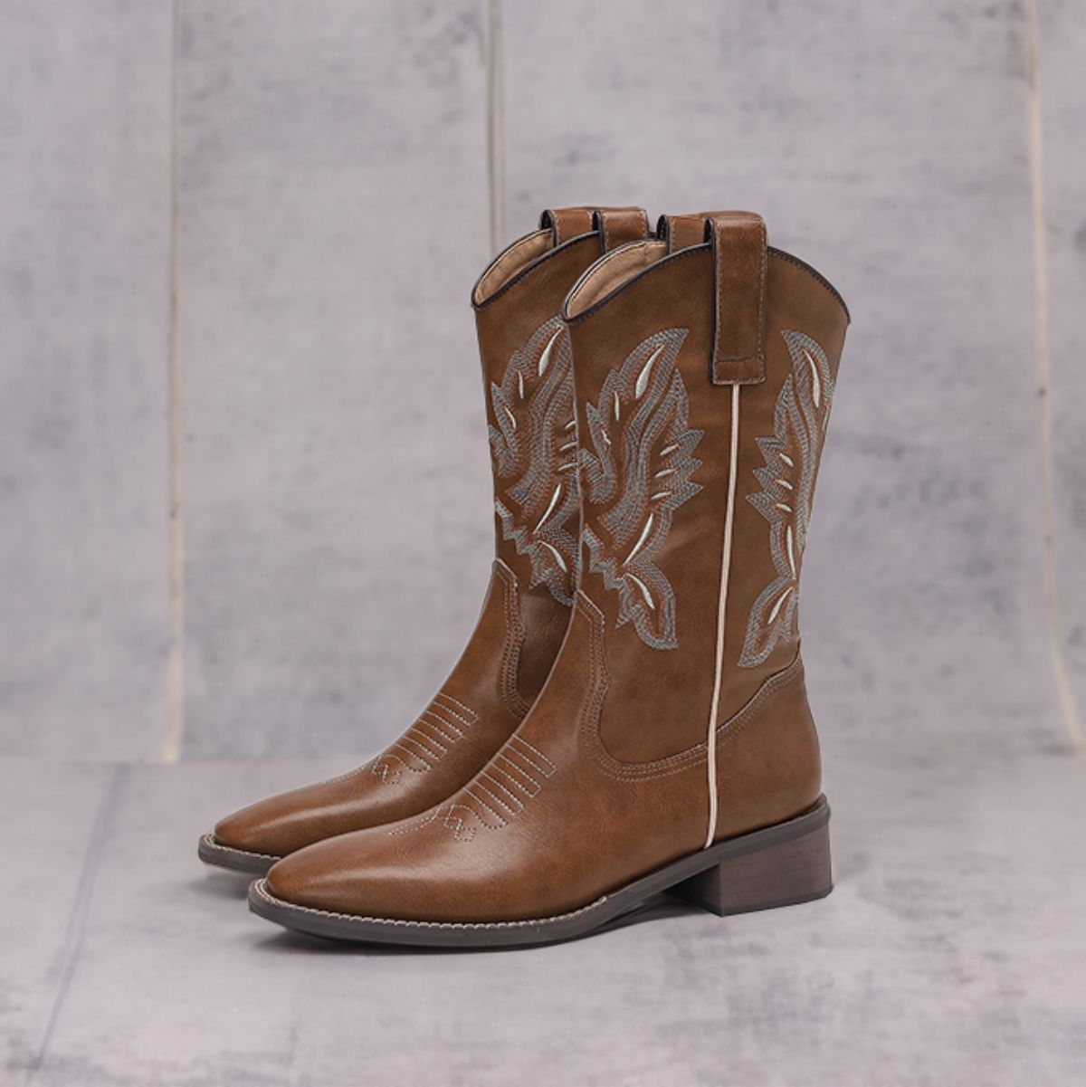Genuine leather denim boots, retro mid length embroidered riding boots