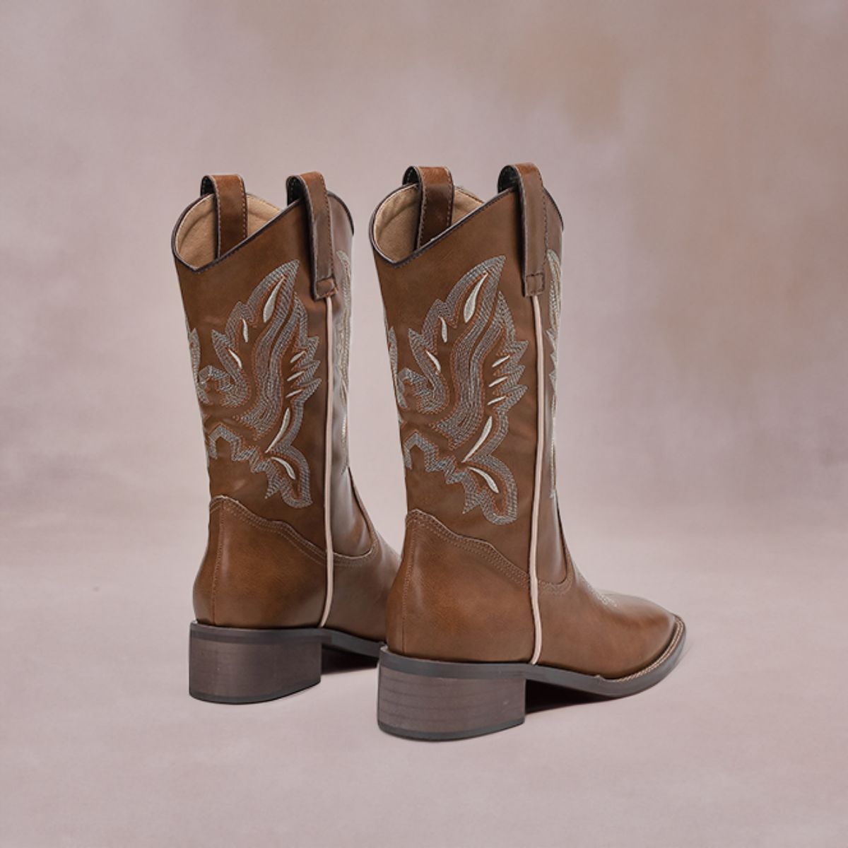 Genuine leather denim boots, retro mid length embroidered riding boots