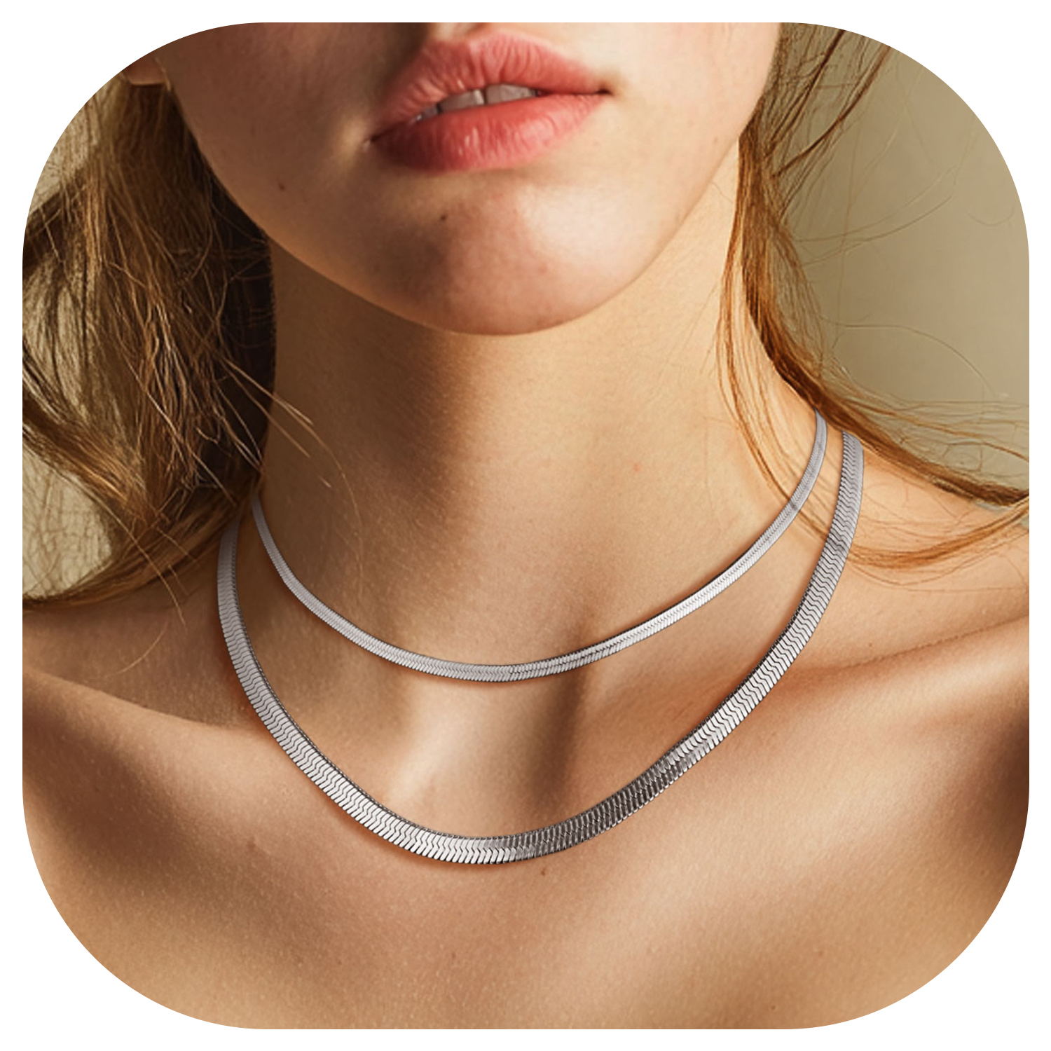FindChic Stainless Steel Herringbone Necklace for Women, 3MM & 5MM Short Double Layered Choker Flat Snake Chain for Birthday Christmas with Gift Box