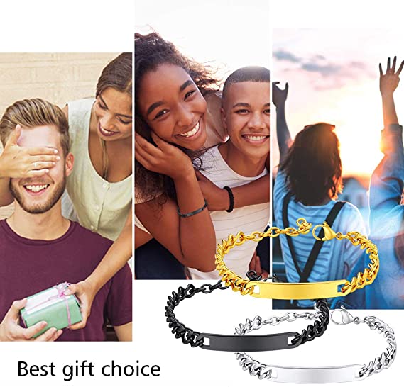 FindChic ID Bracelets for Women Men Blank Bar Inspirational Bracelet 7'' Stainless Steel/Gold Black Nameplate Jewelry Friendship Coordinates Thin Bangle for Girls(No Engraved）