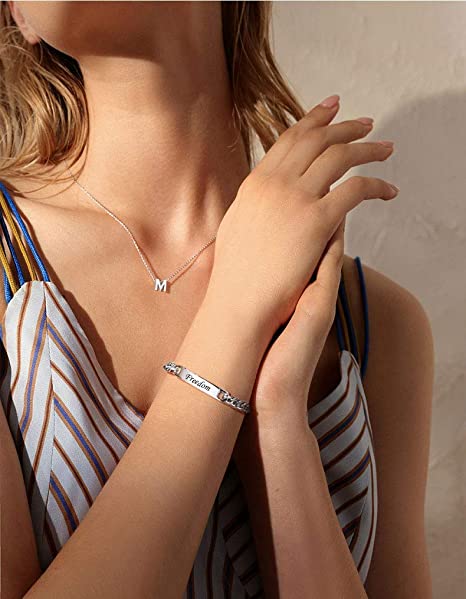 FindChic ID Bracelets for Women Men Blank Bar Inspirational Bracelet 7'' Stainless Steel/Gold Black Nameplate Jewelry Friendship Coordinates Thin Bangle for Girls(No Engraved）