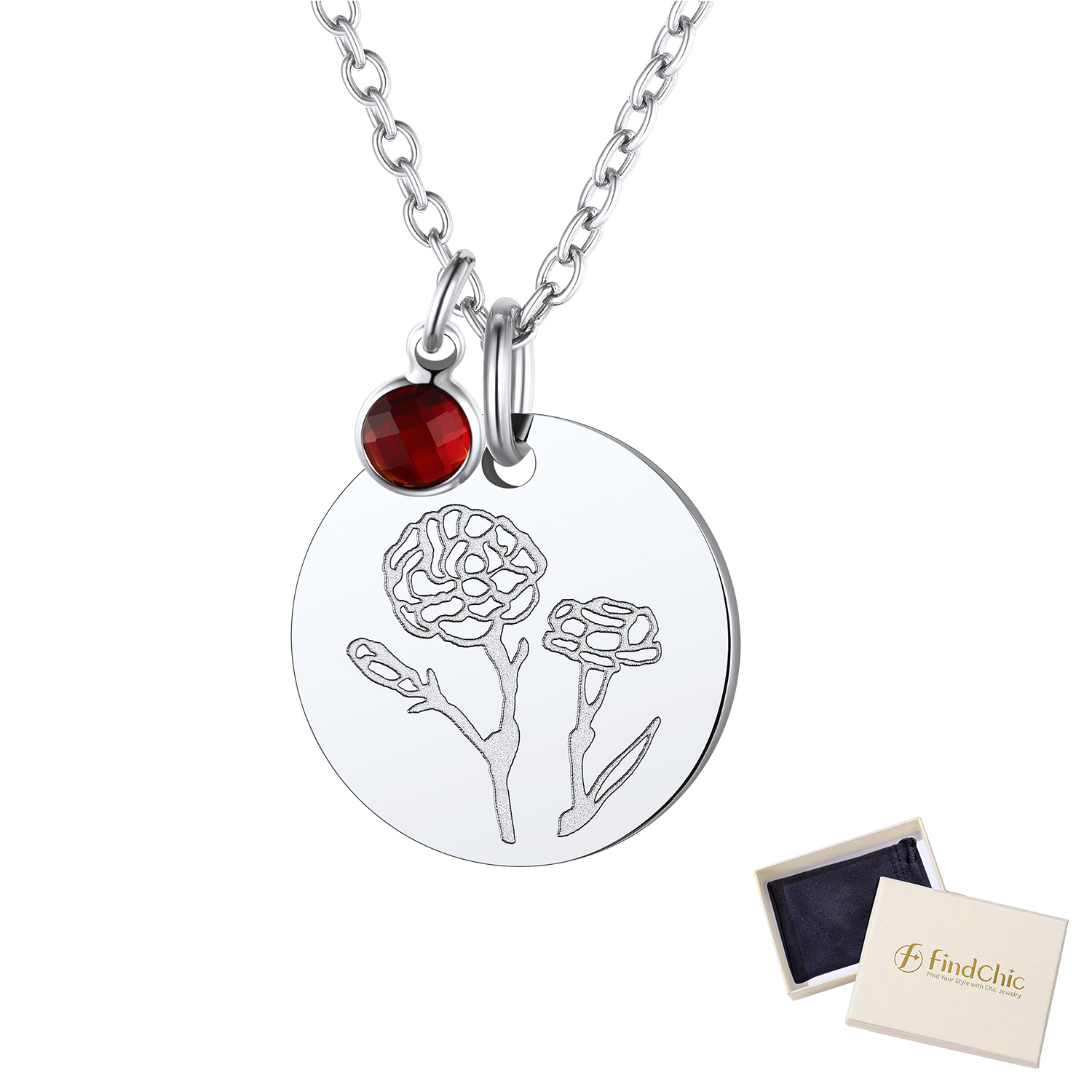 FindChic Birth Flower Necklaces for Women Stainless Steel Guardian Month Floral Carnation Pendant Necklace for Birthday Christmas Jewelry with Gift Box