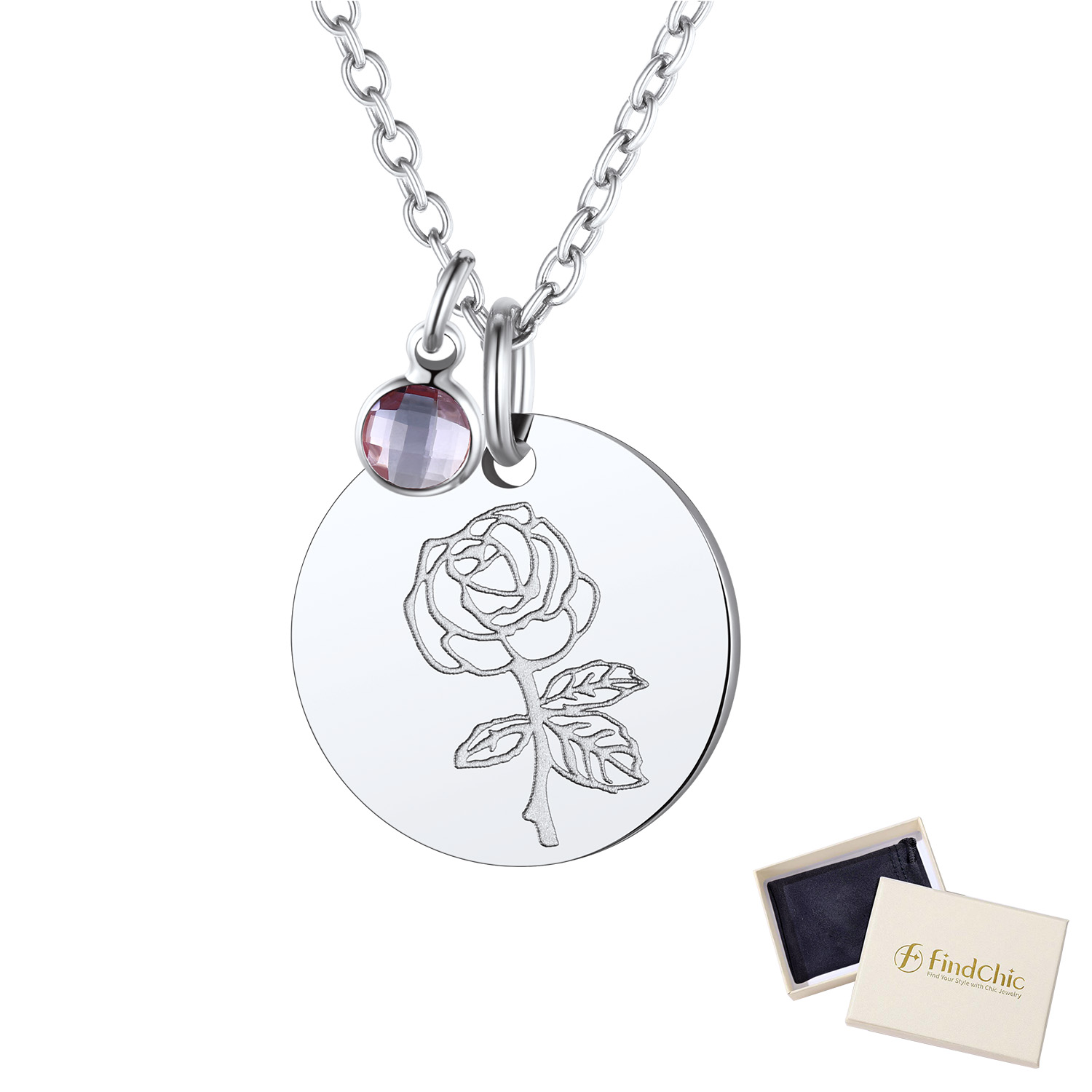 FindChic Birth Flower Necklaces for Women Stainless Steel Guardian Month Floral Carnation Pendant Necklace for Birthday Christmas Jewelry with Gift Box