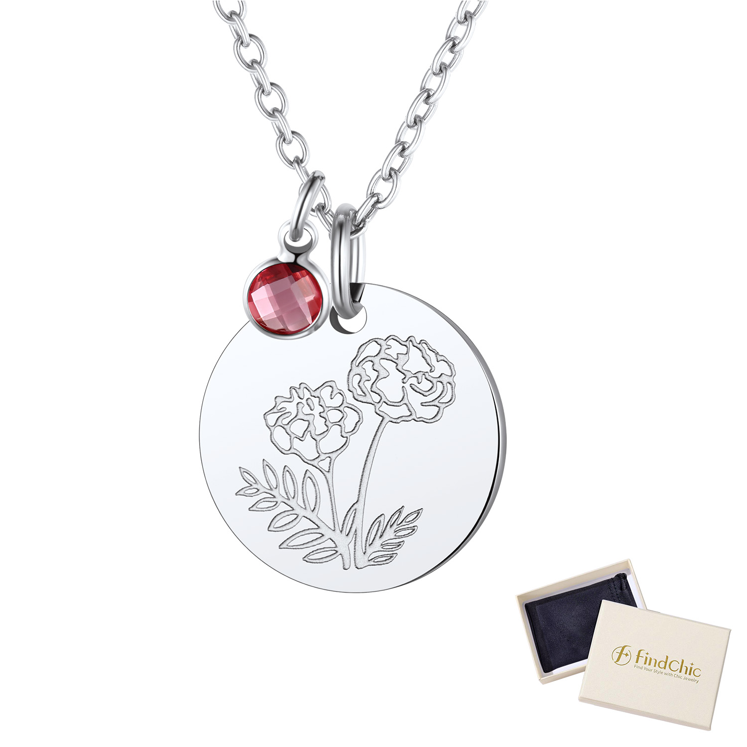 FindChic Birth Flower Necklaces for Women Stainless Steel Guardian Month Floral Carnation Pendant Necklace for Birthday Christmas Jewelry with Gift Box