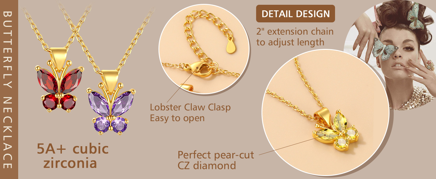 FindChic Dainty Butterfly Necklace Pendants for Women with Birthstones 14K Gold Plated Gemstone Pendant 16'' Chain Birthday Jewelry Gift for Girlfriend Mom Daughter (Box��