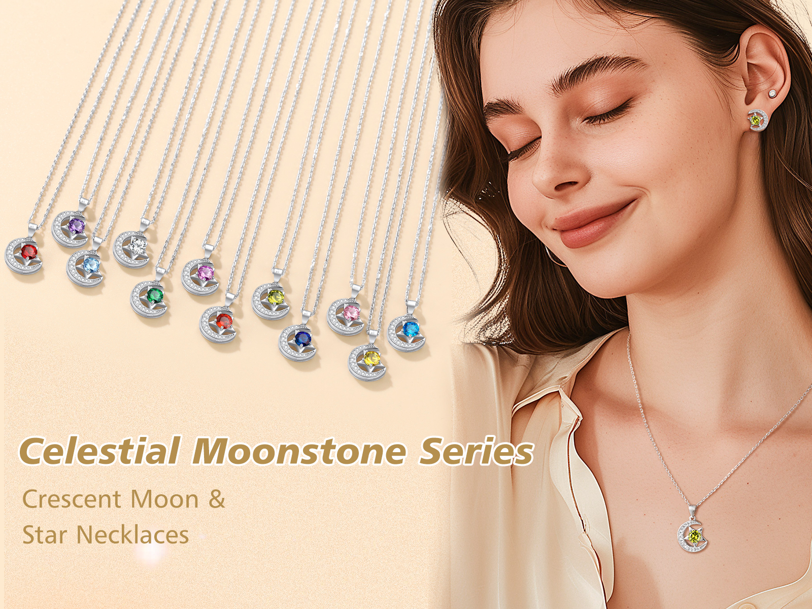 FindChic Sterling Silver Moon Necklace for Women with 12 Birthstone Cubic Zirconia Star Diamond Necklace Jewelry Gift for Her Wife Mother, with Gift Box