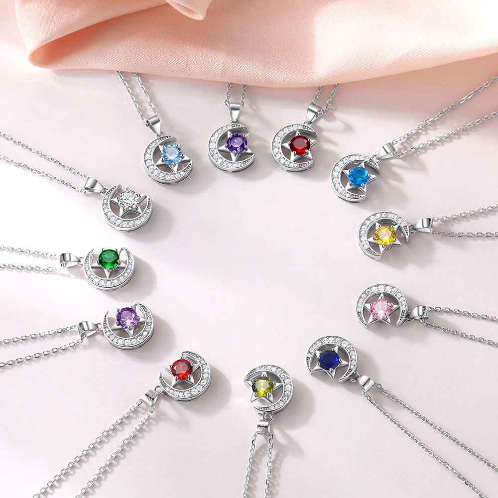 FindChic Sterling Silver Moon Necklace for Women with 12 Birthstone Cubic Zirconia Star Diamond Necklace Jewelry Gift for Her Wife Mother, with Gift Box