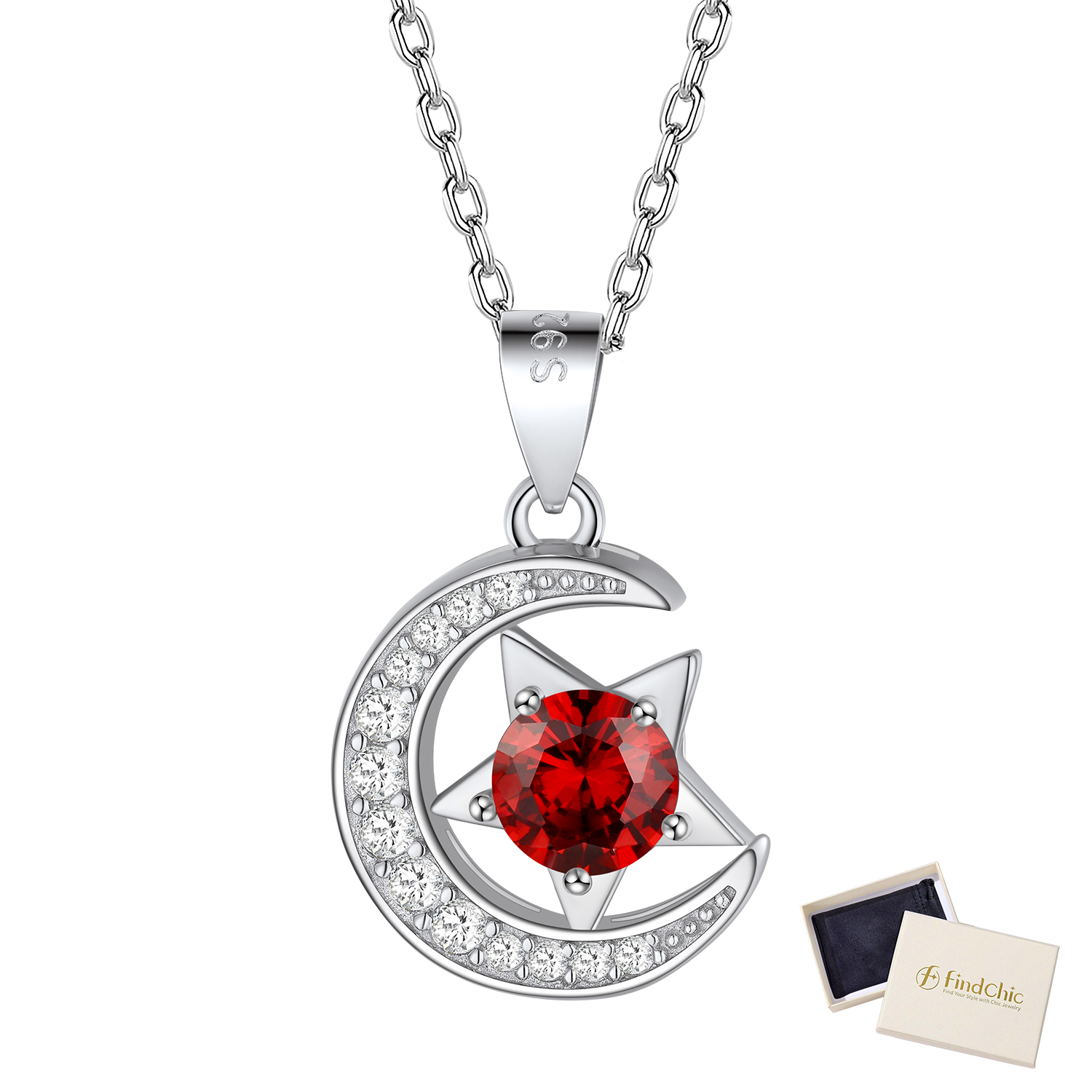 FindChic Sterling Silver Moon Necklace for Women with 12 Birthstone Cubic Zirconia Star Diamond Necklace Jewelry Gift for Her Wife Mother, with Gift Box