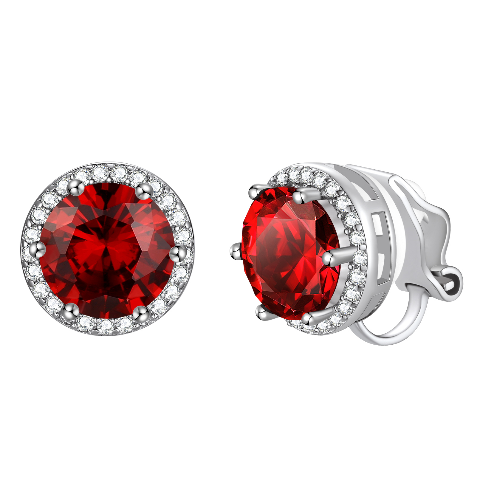 FindChic Non-Pierced Stud Earrings for Women, Plated 925 Sterling Silver Round Tourmaline Birthstone Clip-on Earrings Sparkling Cubic Zirconia Studs with Gift Box
