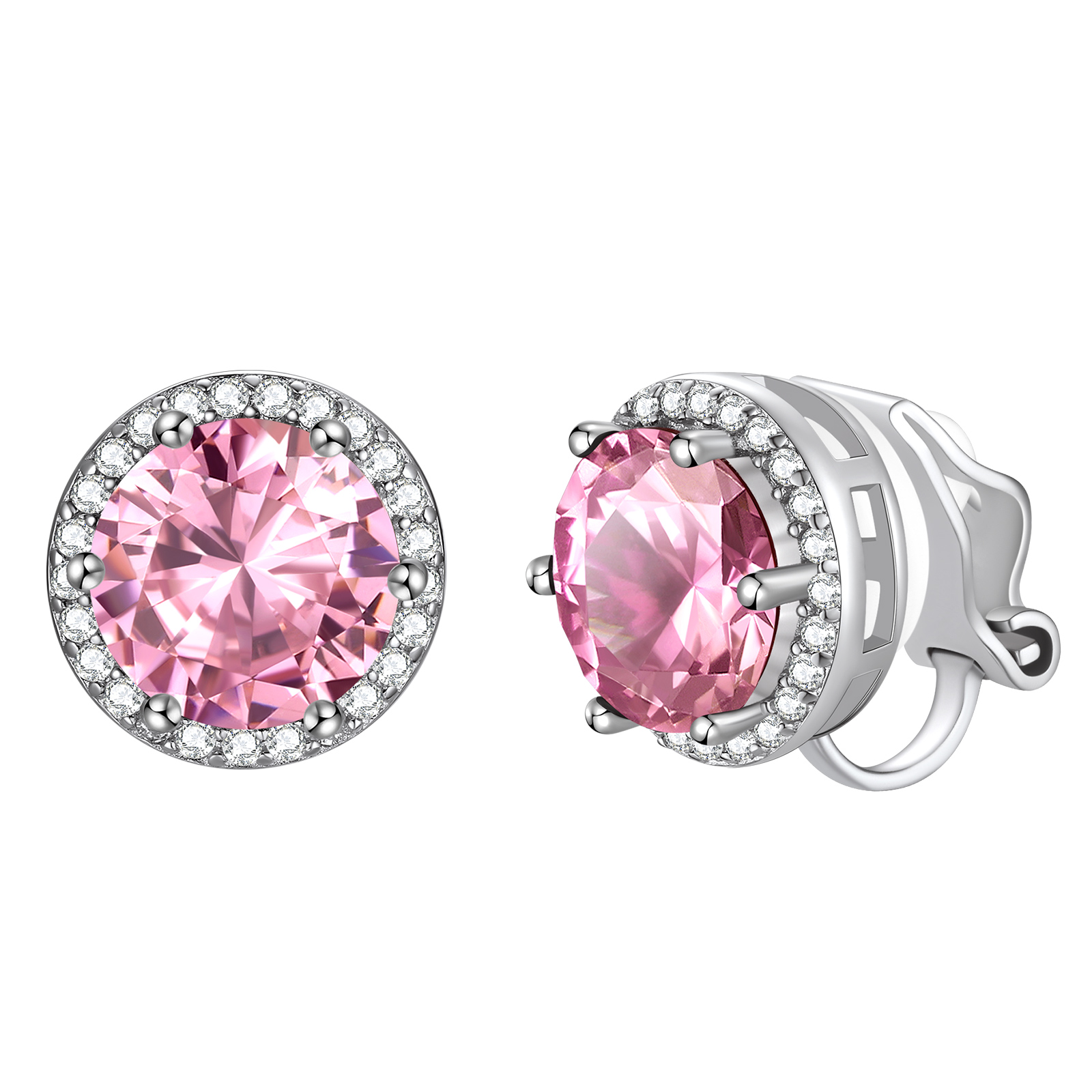 FindChic Non-Pierced Stud Earrings for Women, Plated 925 Sterling Silver Round Tourmaline Birthstone Clip-on Earrings Sparkling Cubic Zirconia Studs with Gift Box