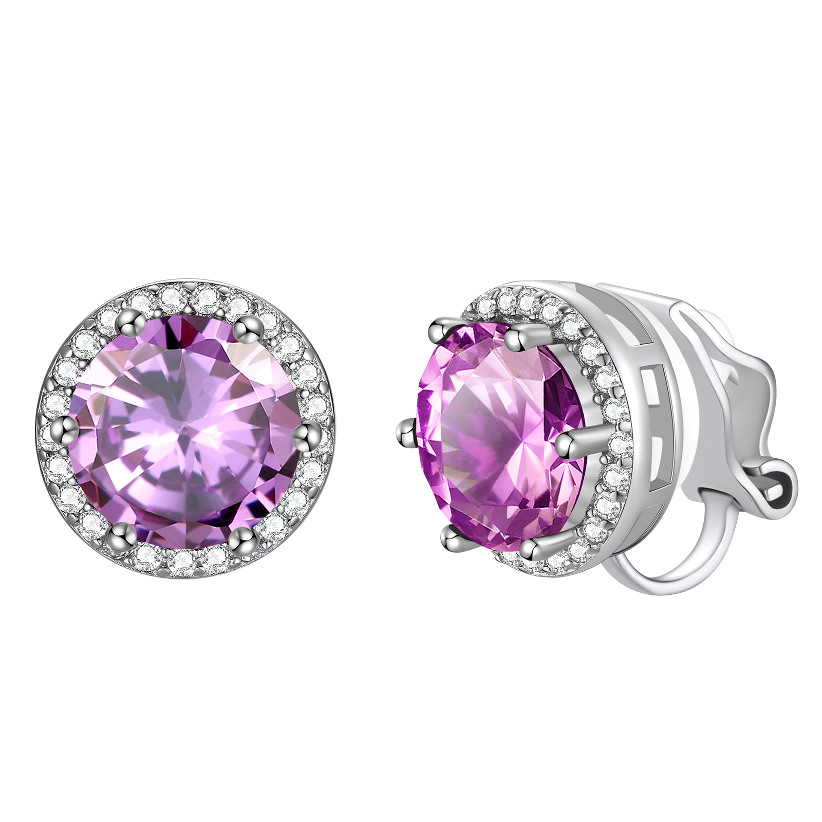 FindChic Non-Pierced Stud Earrings for Women, Plated 925 Sterling Silver Round Tourmaline Birthstone Clip-on Earrings Sparkling Cubic Zirconia Studs with Gift Box