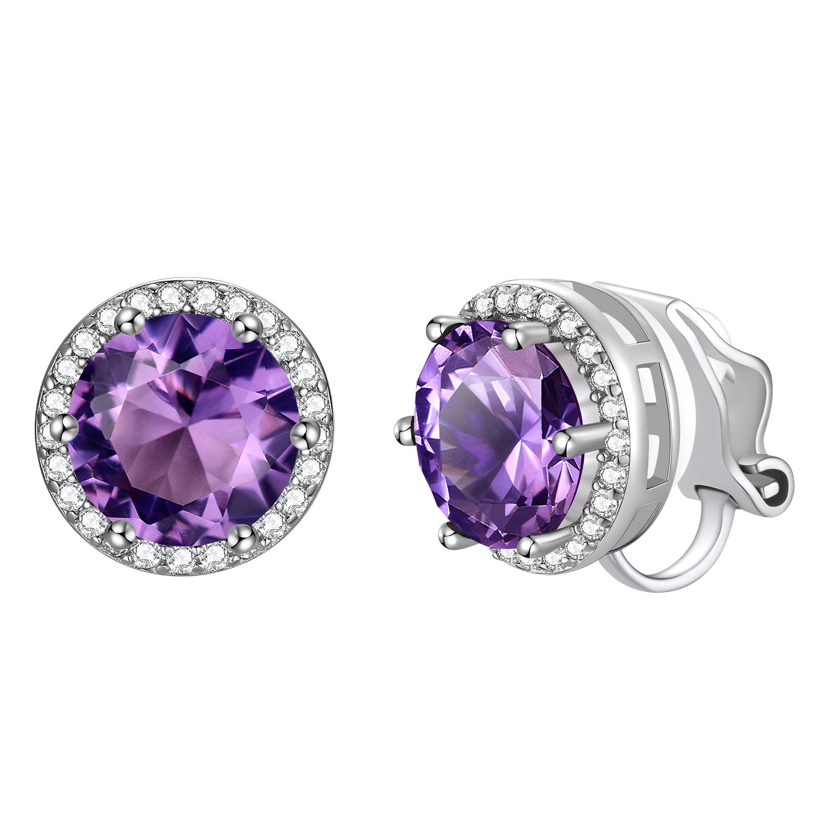 FindChic Non-Pierced Stud Earrings for Women, Plated 925 Sterling Silver Round Tourmaline Birthstone Clip-on Earrings Sparkling Cubic Zirconia Studs with Gift Box