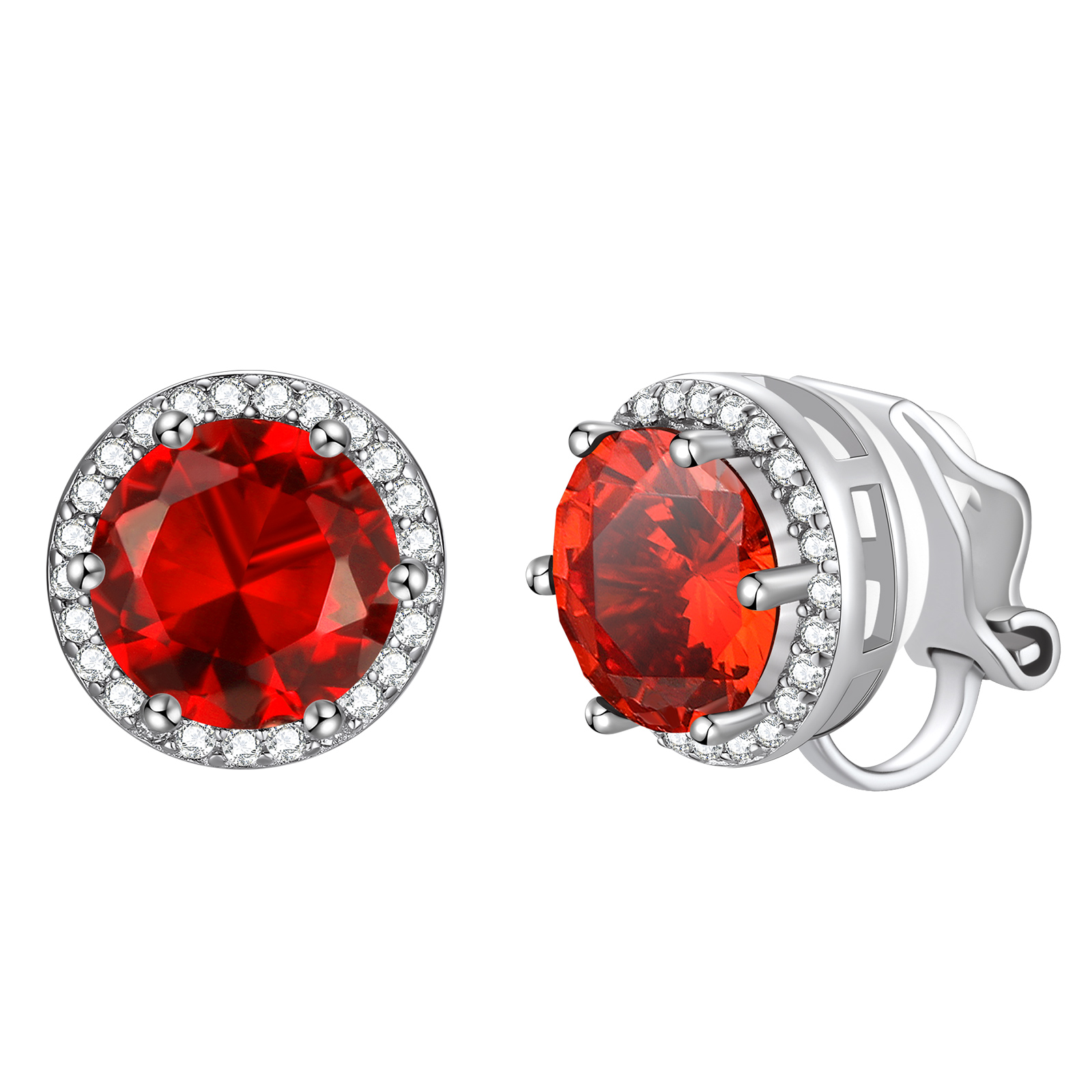 FindChic Non-Pierced Stud Earrings for Women, Plated 925 Sterling Silver Round Tourmaline Birthstone Clip-on Earrings Sparkling Cubic Zirconia Studs with Gift Box