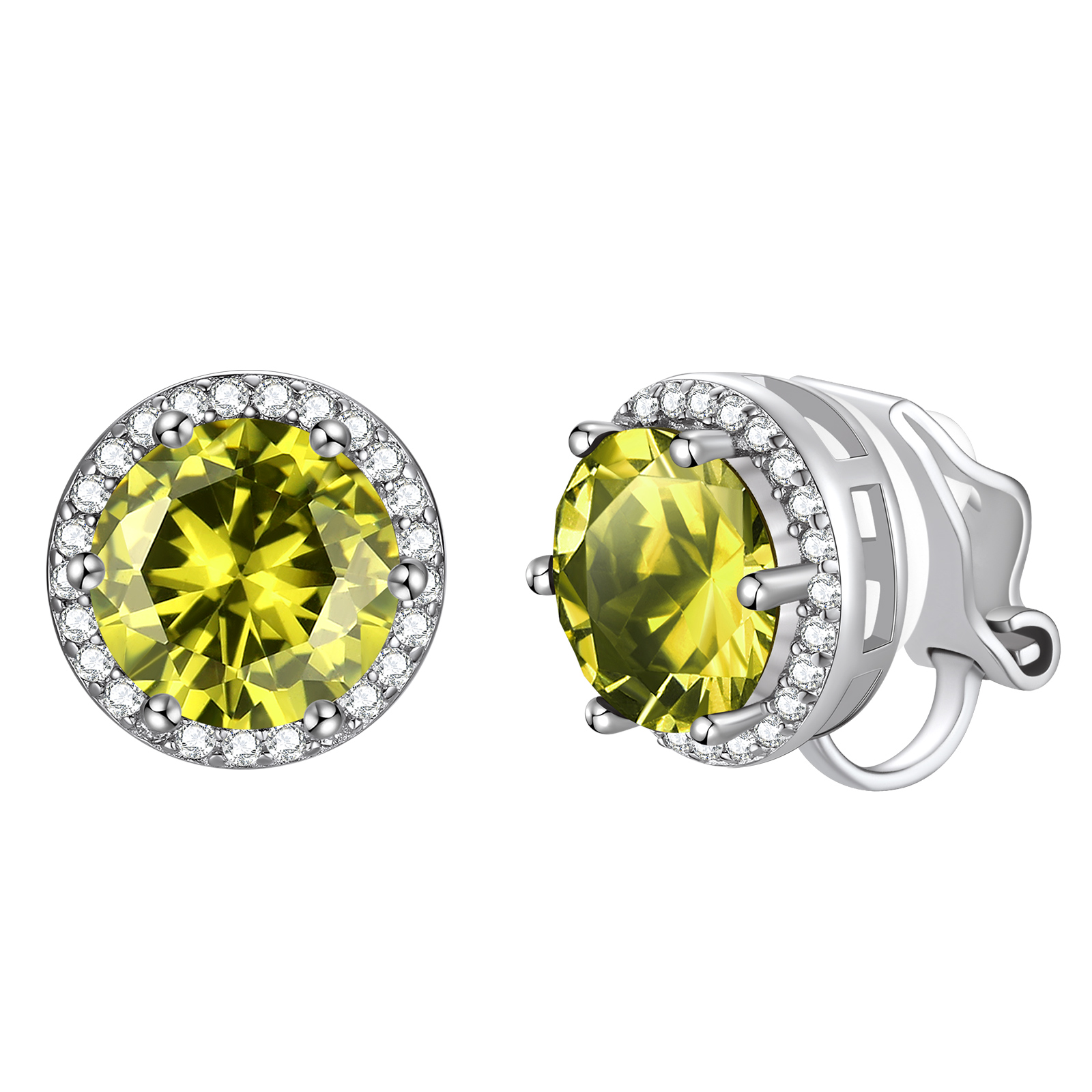 FindChic Non-Pierced Stud Earrings for Women, Plated 925 Sterling Silver Round Tourmaline Birthstone Clip-on Earrings Sparkling Cubic Zirconia Studs with Gift Box