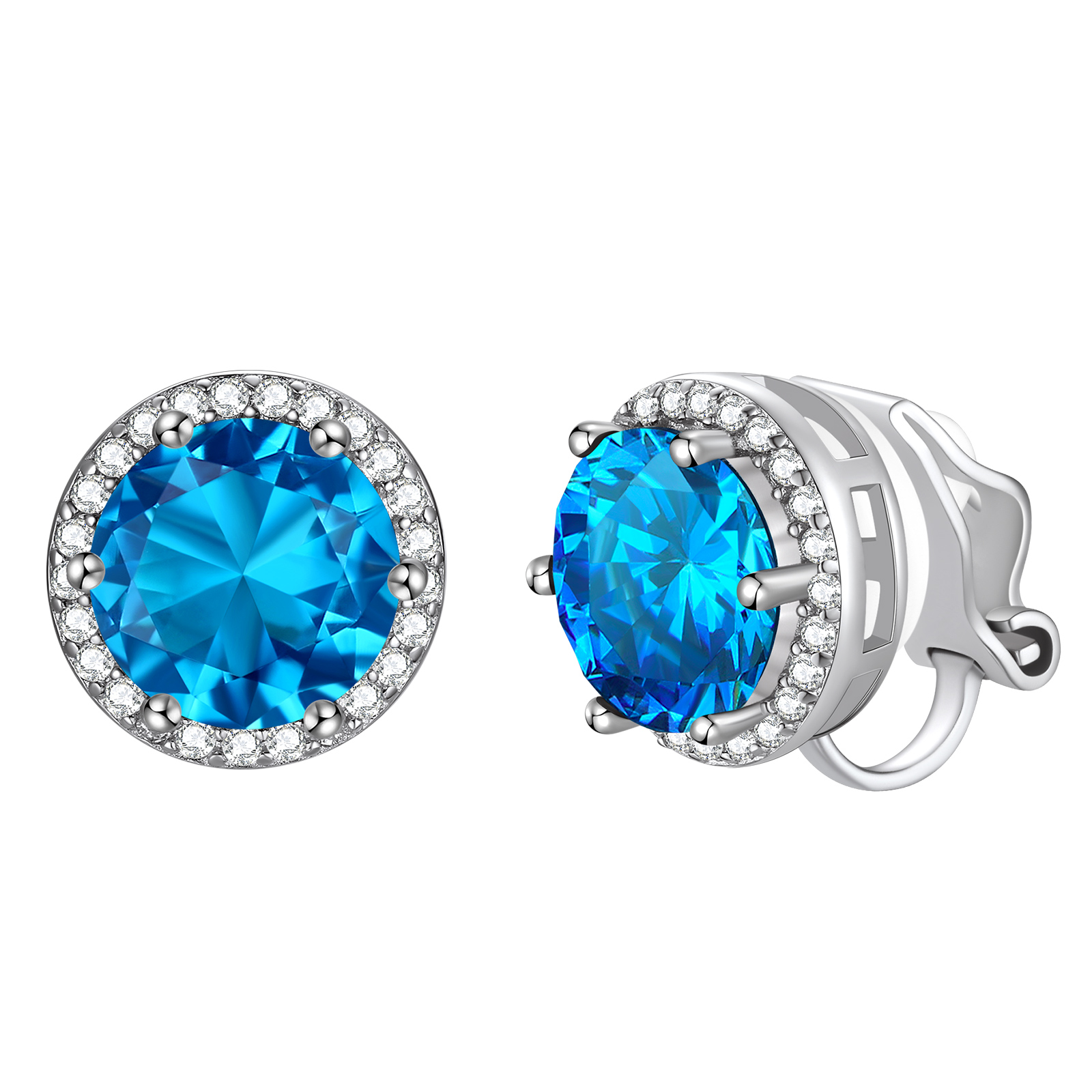 FindChic Non-Pierced Stud Earrings for Women, Plated 925 Sterling Silver Round Tourmaline Birthstone Clip-on Earrings Sparkling Cubic Zirconia Studs with Gift Box